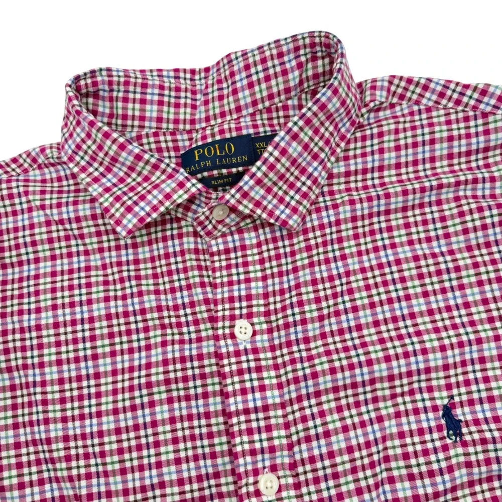 Polo Ralph Lauren Button Down Men's XXL Magenta Plaid Slim Fit Long Sleeve Shirt